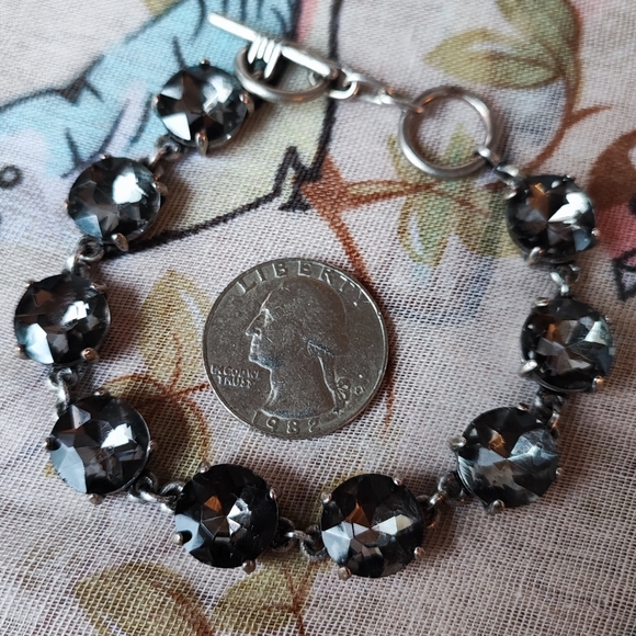 Round Faceted Prong Set Smoke Rhinestone Oxidized Pewter Color Setting Bracelet - Picture 2 of 11